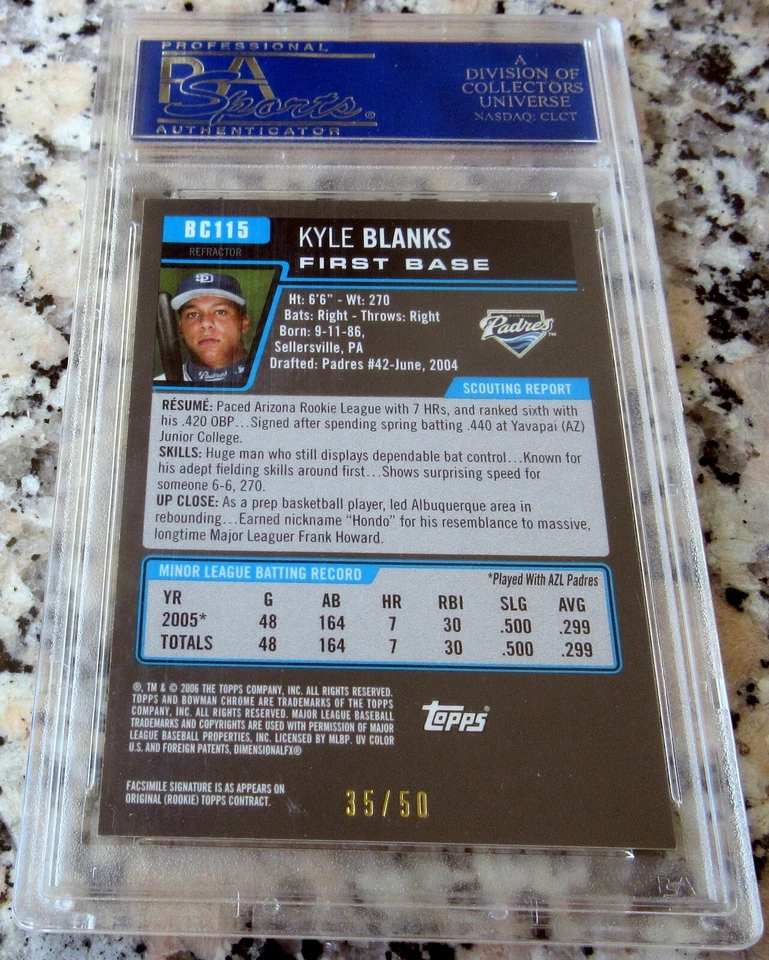 KYLE BLANKS 2006 Bowman Chrome Gold Refractor /50 Rookie Card RC PSA 10 POP 3🔥 - Image 2 of 2