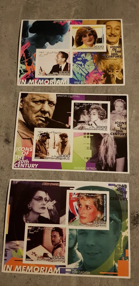 REPÚBLICA SOMALÍ - 2001 - CELEBRIDADES - WINSTON CHURCHILL - M.DIETRICH - 12 M/HOJA MNH Foto 2 de 2