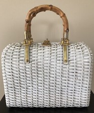 VTG 60s SARNE Hong Kong WHITE WICKER Handbag Purse Bamboo LARGE Brass Detail EXC
