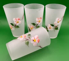 4 Gay Fad Frosted Blossom Glasses Hazel Atlas Hand Painted 5”  10oz Vintage