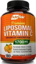 NutriFlair Liposomal Vitamin C 1700mg, 180 Capsules Booster, Non-GMO, Vegan Pill