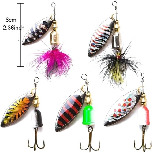 5pcs + Box Fishing Spinner Bite Lure Bass Trout Salmon Hard Metal Spinner Baits - Picture 4 of 5