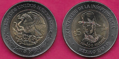 MEXICO 5 PESOS 2010 UNC 1 YEAR TYPE,IGNACIO ALLENDE,COMMEMORATIVE ISSUE,INDEPEND
