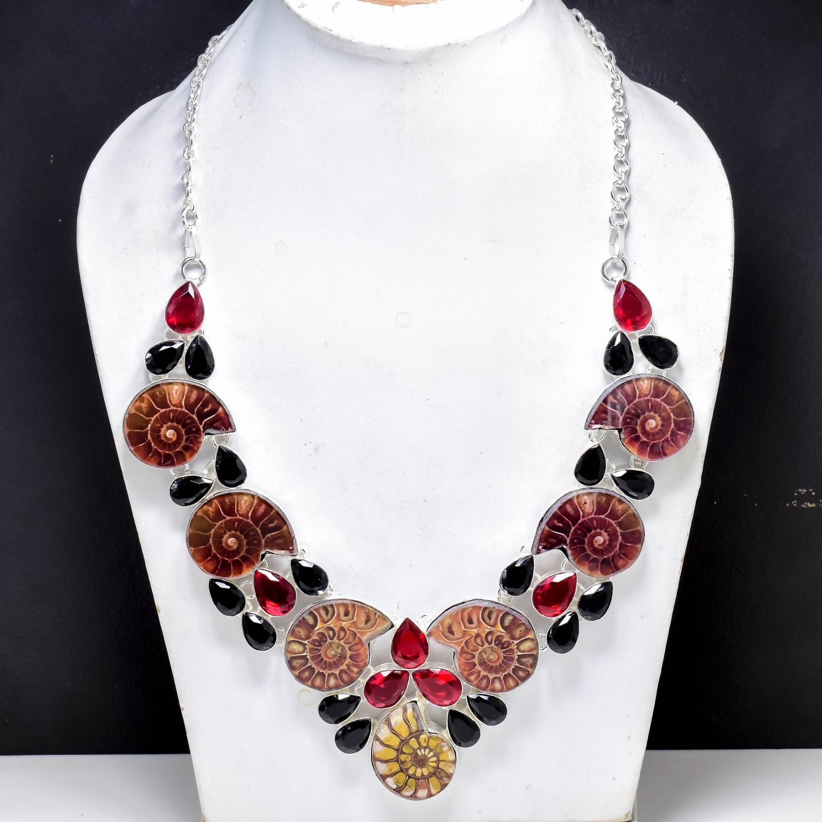 Collar único de plata de ley 925 con piedras preciosas de amonita y granate, citrino, espinela