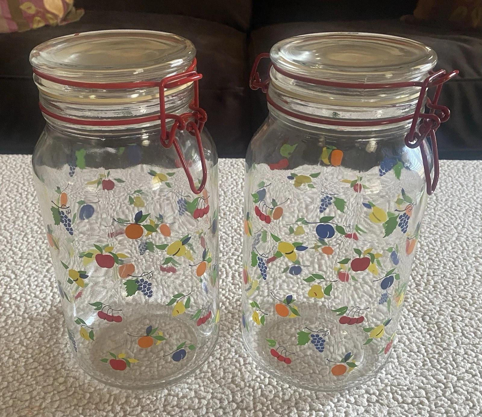 2-VTG 1990 Anchor Hocking CHD Glass Jar, Colorful Fruit, Stg Jar, Wire Clasp Lid