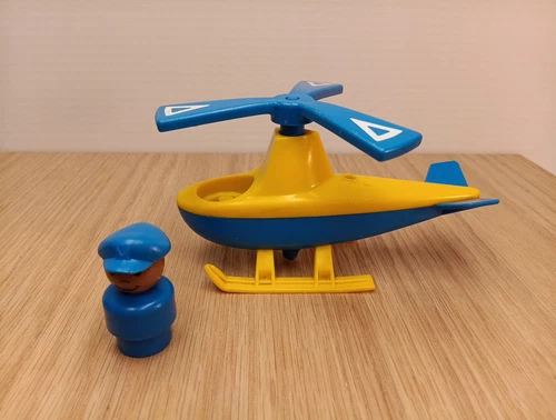 2 Vintage Fisher Price Little People Airport Blue & Yellow Helicopter With Pilot