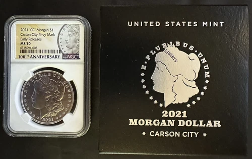 2021-CC $1 Morgan Silver Dollar Carson City Privy 100th Anniv. NGC MS70, OGP/COA