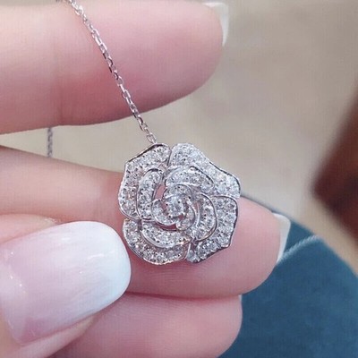 2.00Ct Lab Created Diamond Round Flower Shape Pendant 14K White Gold Plated 18''
