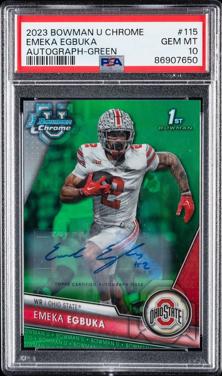 2023 Bowman U Chrome 1st Emeka Egbuka Rookie RC Green Refractor /99 Auto PSA 10