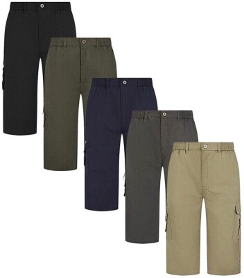 Mens 3/4 Cargo Shorts Elasticated Waist Three Quarter Length Pants Trousers  UK - Main Image