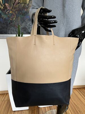 CELINE CABAS VERTICAL UNISEX NAPPALEDER TOTE BAG HANDTASCHE BEIGE MIT SCHWARZ