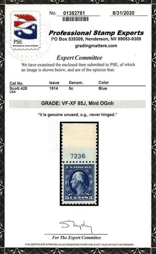 PF CERT/PSE GRADED CERT- #428 5c Washington - VF-XF og NH - 85J (w/plate#) - Picture 2 of 3