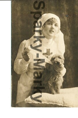 Krankenschwester mit Hund Bromo vergoldet Geburtstag Serie Vintage Postkarte F06