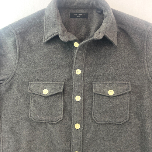 All Saints Over Shirt Men Small Charcoal Wool Blend Button Shacket Flannel Heavy - Picture 2 of 16