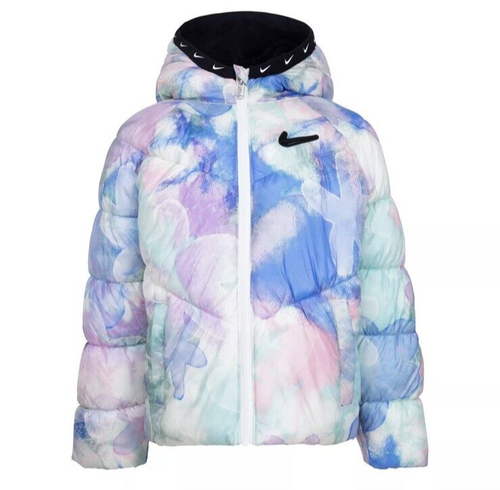 Nike Puffer Jacket Girls 6X Pastel Floral Tie Dye Black Fleece Lined Hood Coat - Picture 6 of 11