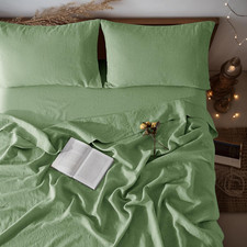 Queen Size 100 Linen Bed Sheet Set, 4 Pieces, Soft  Breathable Green