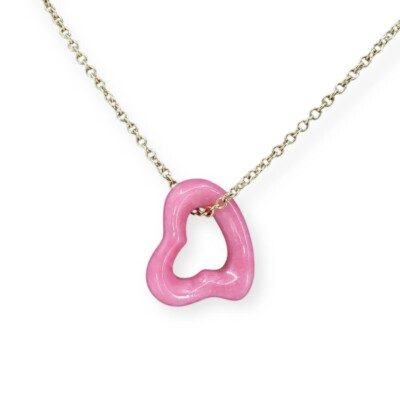 Tiffany Co. Yellow Gold Rhodonite Open Heart Necklace 750 K18 Pink