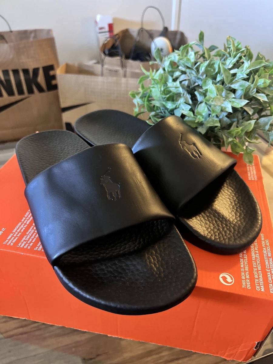 Polo Ralph Lauren Signature Big Pony Leather Slide Sandal Black Men s Sz 13 NEW