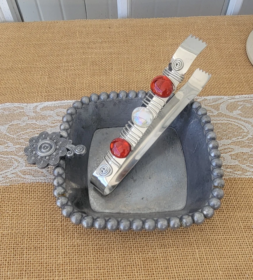 Mud Pie 2009 Pewter Relish Serving Trinket Dish, Upcycled Napkin Holder w/Tongs - Image 2 of 4