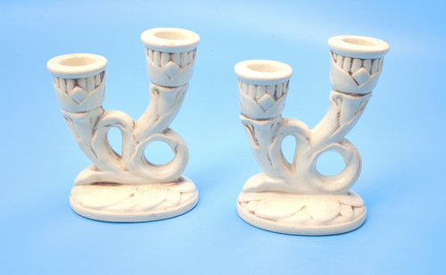Red Wing Art Pottery Double Candle Holders Pair #937 White Matte USA