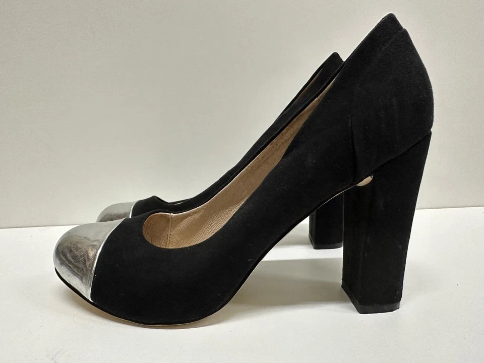 Chelsea Crew style Cappy metallic silver cap toe black suede pumps size 9 - Image 3 of 4