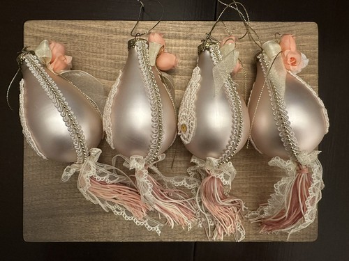 Victorian VTG Pink Bulb Roses Lace Fringe Modern Bead Christmas Glass Ornaments - Picture 3 of 15