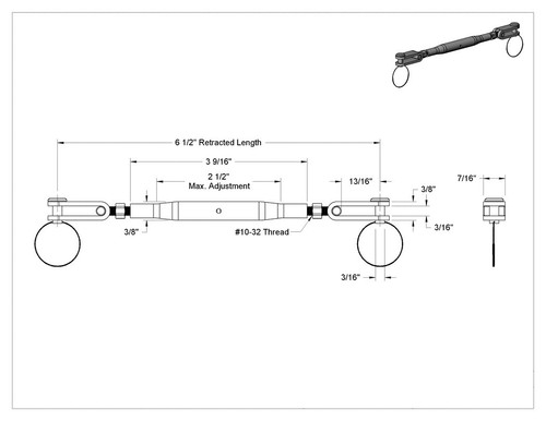 SS Turnbuckle 316 Stainless Steel TOGGLE x TOGGLE 3/16" pin size 400 pound load - Picture 2 of 5