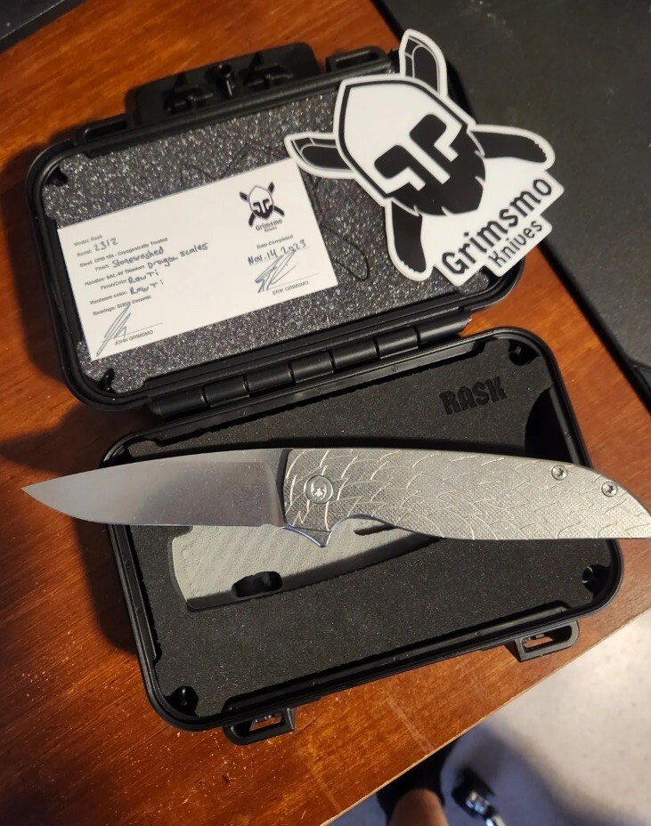 Grimsmo Rask Knife 2312 Dragon scale raw titanium finish and hardware