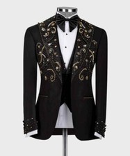 Men Black Beaded Suit Peak Lapel Blazer Single Breasted Tuxedo Party