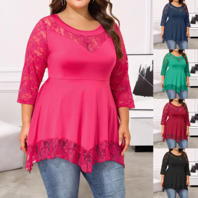 Sexy Women Lace Mesh 3/4 Sleeve Pullover T-Shirt Ladies Casual Blouse Tunic Tops