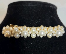 Gold Tone Faux Pearl Beaded Barrette Hair Clip for Women, White/Gold