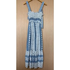 Zara Smocked Milkmaid Tiered Midi Dress Size Small Floral Linen Blend Cottage