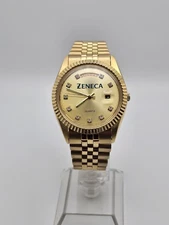 Vintage Rare 90s Zeneca Presidential DayDate Men Timepiece Goldtone Gemset Dial