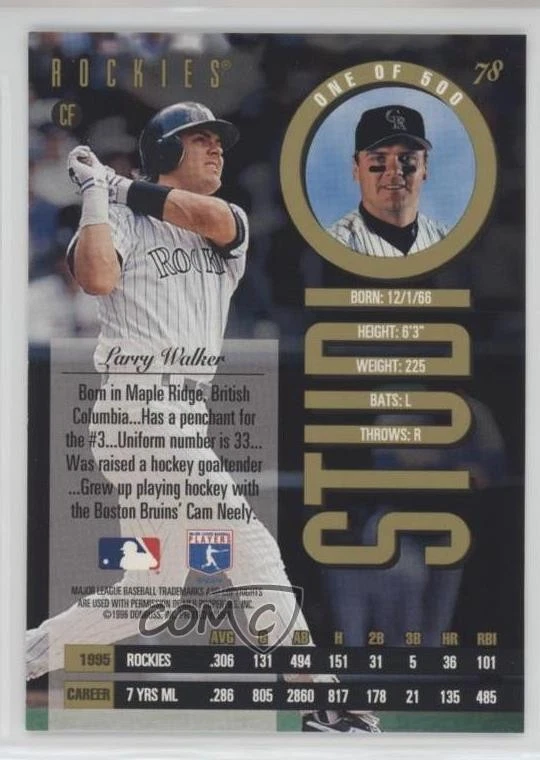 1996 Leaf Studio Gold Press Proof /500 Larry Walker #78 HOF - Image 2 of 2