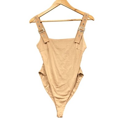 Tiger Mist Bodysuit Womens S Beige Satin Square Neck Buckle Strap Thong Stretch