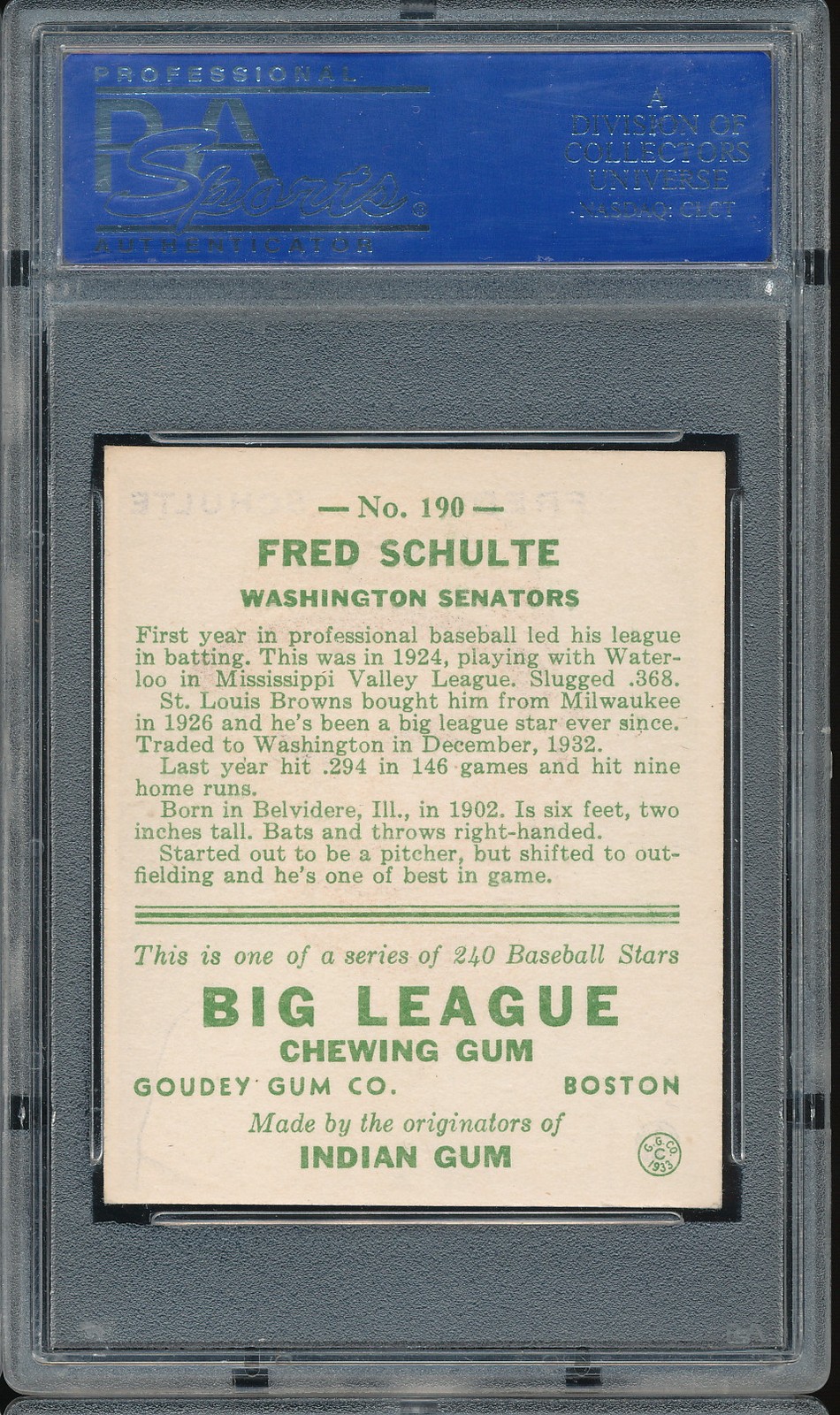 1933 Goudey Fred Schulte #190 PSA 7 - Senators view 2