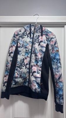 Roxy Frost Printed Fleece Full Zip Hoodie Black Floral Lightweight Jacket Women