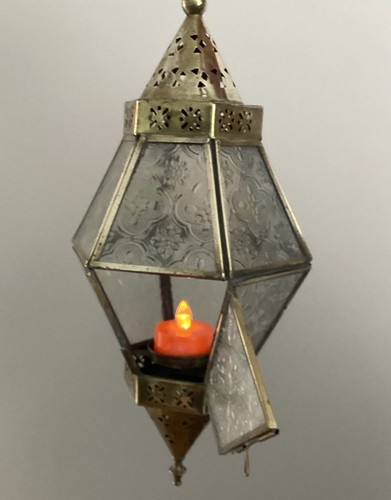 Moroccan Hanging Tea Light Holder. Patinated Metal And Glass. Striking Piece - Picture 3 of 8