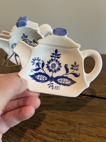 Juego de 4 bolsas de té vintage Japón cebolla azul con soporte de latón - Imagen 3 de 15
