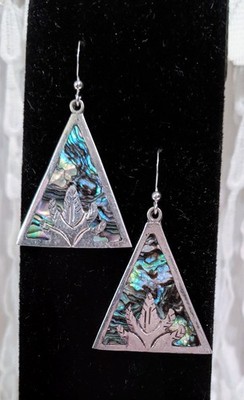 Vintage Mexico Inlaid Abalone Sterling Silver Dangle Pierced Earrings Gift Boxed