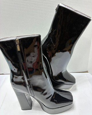 Guess Womens Byra Boots Size 10 Zipper Block Heel Platform Booties Black Patent