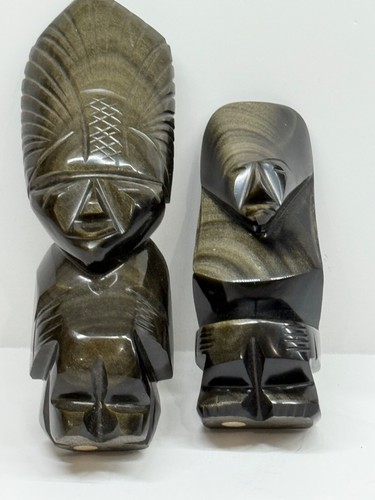 Lot of 2 Mayan Aztec Carved Obsidian Black Lava Stone Gold Sheen Satues - Picture 2 of 22