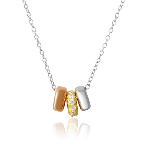 Argento Sterling Collana W/ Oro Rosa, & Placcato Rodio Cerchio Zirconi Ciondoli - Foto 2 di 4