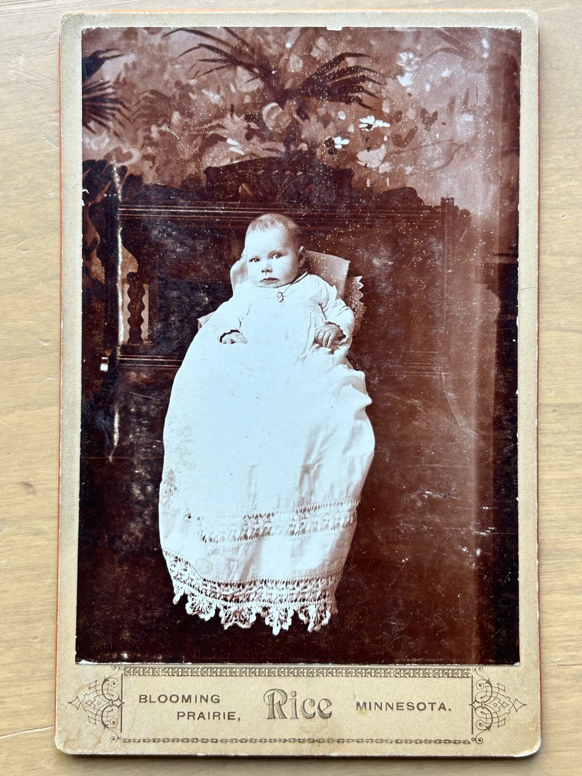 VTG Cabinet Card Sepia Photo Baby in White Christening Gown w/ Lace Eyelets Minn