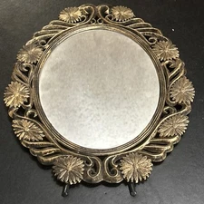 Vtg Oval Daisy Scroll Faux Bronze Table or Wall Mirror Plastic Made in Hong Kong