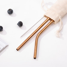 3pc Premium Stainless Steel Metal Rose Gold Reusable Straw, Brush & Eco Bag Set