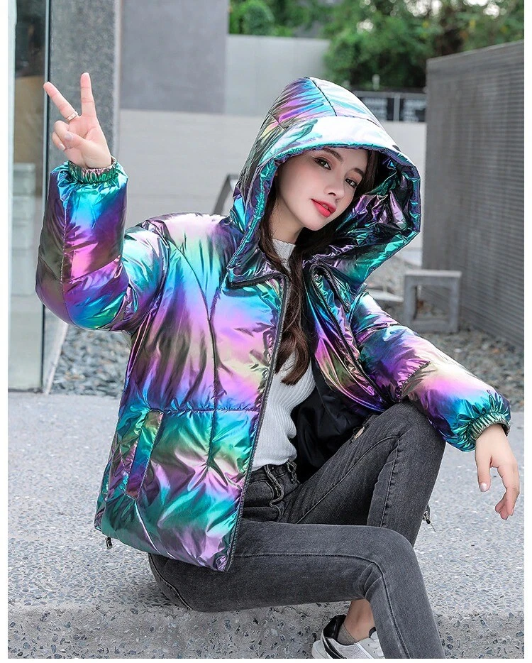 Holographic Glossy Parka Jacket Autumn Winter Warm Hooded Zip Up