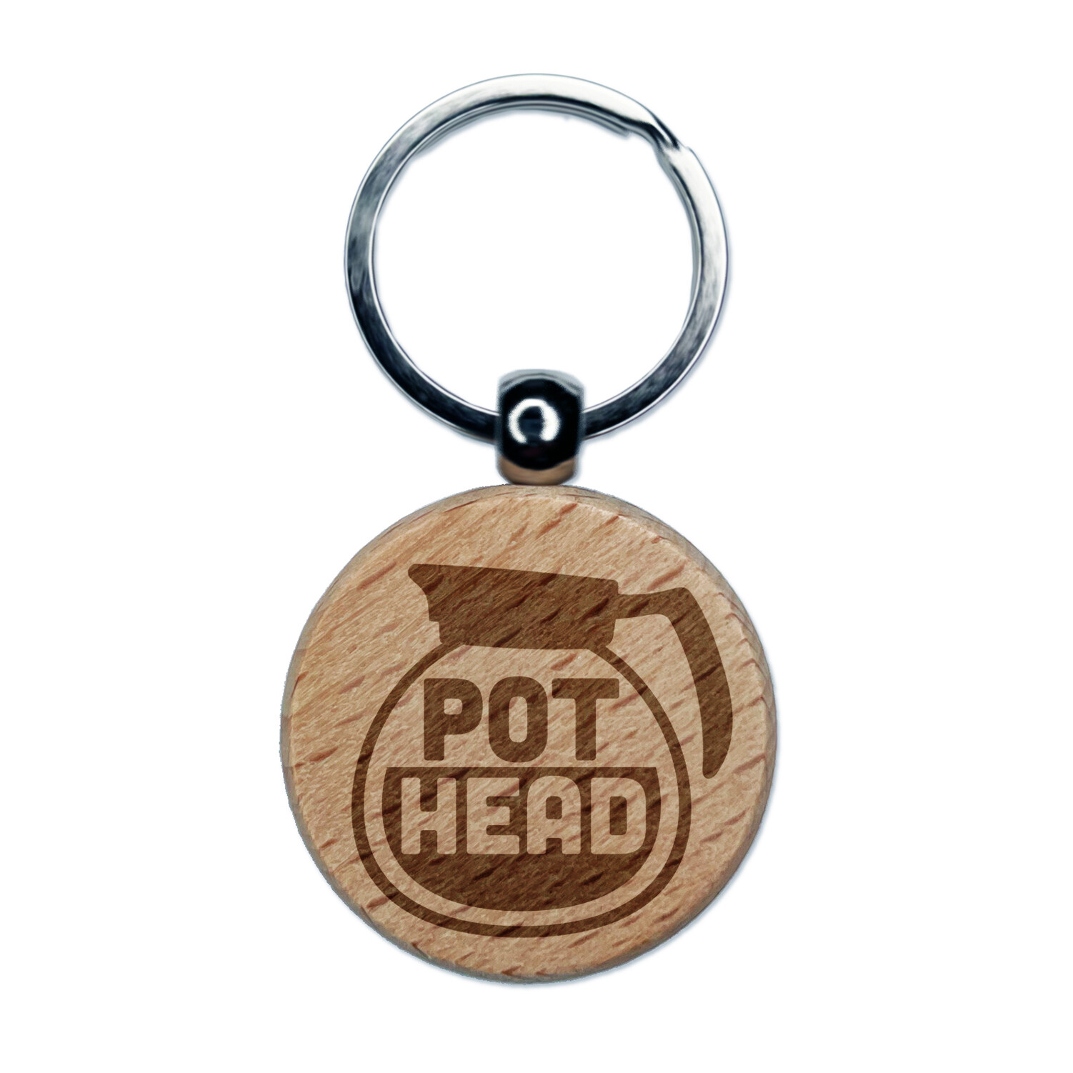 Pot Head Coffee Engraved Wood Round Keychain Tag Charm