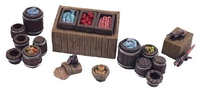 WWG Fantasy Village Market Stall and Barrels Set – 28mm Wargame Terrain Scenery