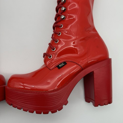 ROC LASH BOOTS RED LACE UP CHUNKY BLOCK HEEL PLATFORM KNEE SIZE 37 US 6 SEXY - Picture 7 of 12